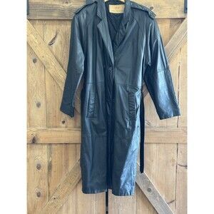Vintage William Russell Inc. Women's  Black Leather Trench Coat W Belt Sz L